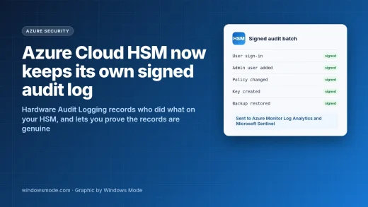 Windows Mode cover graphic: Azure Cloud HSM now keeps its own signed audit log, with a sample signed audit batch listing sign-in, admin, policy, key and backup events
