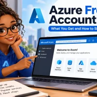 Azure Free Account cover art: a smiling woman in a blue hoodie points at a laptop showing the Welcome to Azure portal page, beside the Azure logo, a Build Learn Create mug and a checklist reading sign up, free credits, popular services and next steps