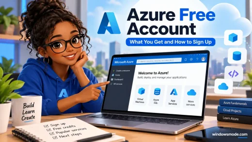 Azure Free Account cover art: a smiling woman in a blue hoodie points at a laptop showing the Welcome to Azure portal page, beside the Azure logo, a Build Learn Create mug and a checklist reading sign up, free credits, popular services and next steps