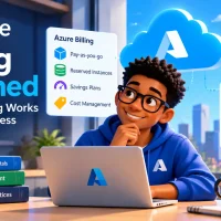 Azure Pricing Explained cover art: a smiling young man in a blue Azure hoodie sits at a laptop with the Azure logo, surrounded by panels for Azure billing options, a monthly costs bar chart and a Ways to Pay Less checklist, under the headline How Azure Billing Works and How to Pay Less