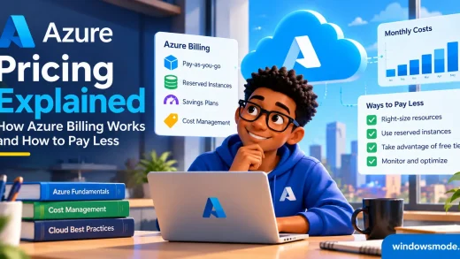 Azure Pricing Explained cover art: a smiling young man in a blue Azure hoodie sits at a laptop with the Azure logo, surrounded by panels for Azure billing options, a monthly costs bar chart and a Ways to Pay Less checklist, under the headline How Azure Billing Works and How to Pay Less
