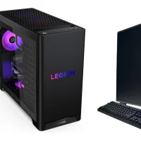 An MSI PRO MAX EDGE AI+ mini PC, a Lenovo Legion Tower 5 gaming tower and a CyberPowerPC Syber workstation tower side by side on a white background