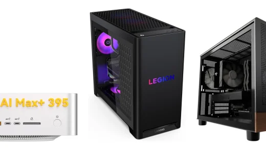 A silver GEEKOM A9 Mega mini PC, a black Lenovo Legion Tower 5 gaming tower and a black Andromeda Insights workstation tower side by side on a white background