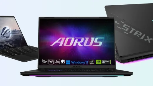 An ASUS ROG Flow Z13 tablet, a GIGABYTE AORUS MASTER 16 laptop and an ASUS ROG Strix SCAR 18 laptop side by side on a light background