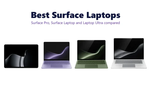 Surface Pro tablet and three Surface Laptops in violet, jade green and platinum lined up from smallest to largest