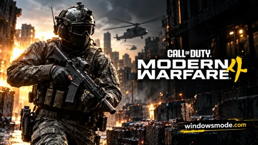 A masked soldier in camouflage gear holds a rifle in a burning city with helicopters overhead, beside the Call of Duty Modern Warfare 4 logo