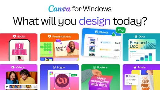 Canva for Windows title over a grid of design types: Social, Presentations, Sheets, Docs, Videos, Logos, Posters and Prints
