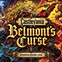 A blonde Belmont hunter cracks a chain whip above the gold Castlevania Belmont's Curse title, surrounded by demons, bats, vampires and burning Gothic castles