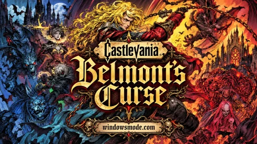 A blonde Belmont hunter cracks a chain whip above the gold Castlevania Belmont's Curse title, surrounded by demons, bats, vampires and burning Gothic castles