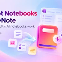 Copilot Notebooks in OneNote title beside an illustrated notebook gathering documents, images and checklists into a OneNote window