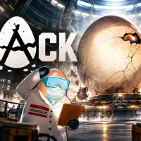 The CRACK logo beside a giant cracked egg in a lab, with a scientist in goggles and a face mask holding a clipboard and coworkers on scaffolding behind him