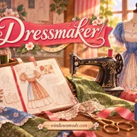 A cozy vintage dressmaking workroom with the Dressmaker title on a pink ribbon, an open sketchbook with dress designs and fabric swatches, a black vintage sewing machine, and a blue puff-sleeved dress on a dress form by a sunny window