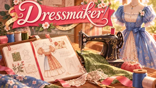 A cozy vintage dressmaking workroom with the Dressmaker title on a pink ribbon, an open sketchbook with dress designs and fabric swatches, a black vintage sewing machine, and a blue puff-sleeved dress on a dress form by a sunny window