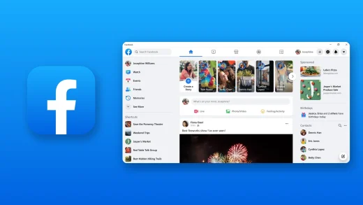 Facebook logo on a blue gradient beside the Facebook app for Windows showing stories and a post in the news feed
