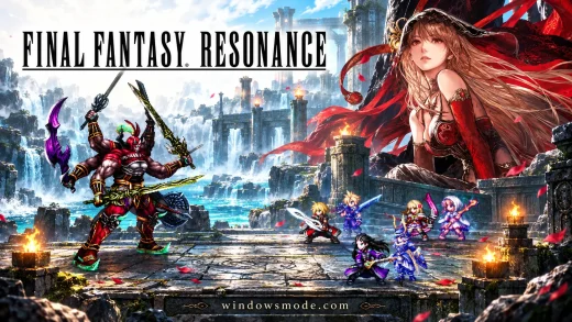 Final Fantasy Resonance key art: the red-armored Gilgamesh swinging several swords at a party of pixel art heroes on a stone arena by waterfalls, with a red-hooded woman behind them and the game logo at the top