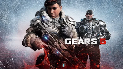 Kait Diaz holds a Lancer rifle in a snowstorm with Marcus Fenix behind her, beside the Gears 5 logo