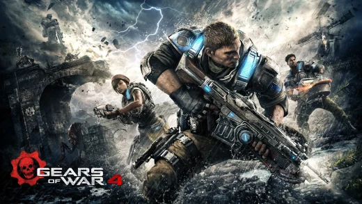JD Fenix charges forward with a Lancer through a storm, with Kait and Del behind him, beside the Gears of War 4 logo
