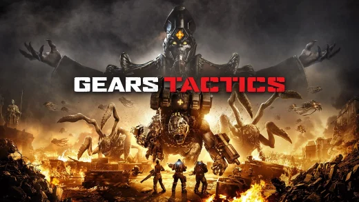 A squad of soldiers faces the giant Locust leader Ukkon and his monsters in a burning landscape, beside the Gears Tactics logo