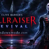 Pinhead holds the glowing golden puzzle box as blue lightning crackles beside him, next to the Clive Barker's Hellraiser Revival logo and windowsmode.com over a dark stone floor wrapped in chains
