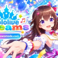 A smiling anime idol with long brown hair and a headset mic reaches toward the viewer on a concert stage full of balloons and confetti, beside the hololive Dreams logo