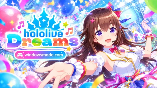 A smiling anime idol with long brown hair and a headset mic reaches toward the viewer on a concert stage full of balloons and confetti, beside the hololive Dreams logo