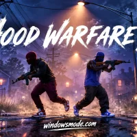 Two gang members, one in a red ski mask and one in a blue cap and bandana, run with rifles down a wet street of wooden houses at night under the Hood Warfare 2 title