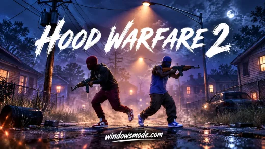 Two gang members, one in a red ski mask and one in a blue cap and bandana, run with rifles down a wet street of wooden houses at night under the Hood Warfare 2 title