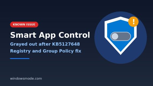 Windows Mode cover graphic: a Windows Security shield with a grayed-out Smart App Control switch, for the KB5127648 known issue