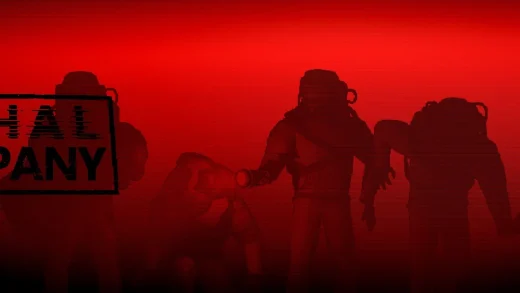 Four Company employees in bulky hazard suits and helmets stand in silhouette against a red background beside the Lethal Company logo