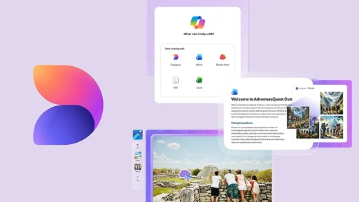 Microsoft Designer logo beside the Microsoft 365 Copilot app, with Designer listed under Start creating with and a finished travel newsletter design
