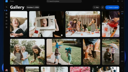 The new Microsoft Photos Gallery on Windows 11, showing family photos sorted by date with a search box, Filter button and Create or upload button