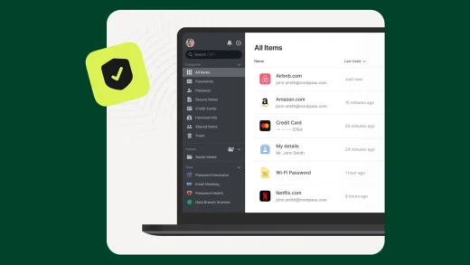 NordPass desktop app open on a laptop showing the All Items list with Airbnb, Amazon, a credit card, Wi-Fi password and Netflix entries, on a dark green background