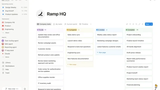 Notion desktop app with the Home sidebar, upcoming events, an Agents list and a Company tasks board with To-do, In progress, In review and Complete columns