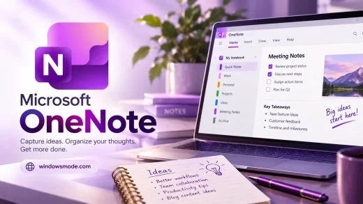 Microsoft OneNote logo and title beside a laptop showing a OneNote page of meeting notes with checkboxes, next to a spiral notebook listing ideas