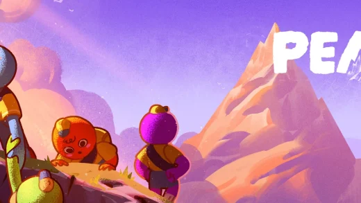 Four cartoon scouts in yellow uniforms stand on a rocky ledge looking toward a tall pink mountain under a purple sky, with the PEAK logo