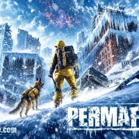 A survivor in a yellow snow suit and a German shepherd in a matching vest climb a snowy slope through an ice-covered ruined city under a cracked sky, beside the Permafrost title