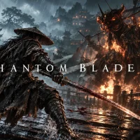 Soul in a straw hat and dark cloak grips a spear on a burning, rain-soaked street while a flaming armored demon looms behind him under the Phantom Blade Zero logo
