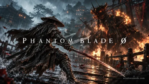 Soul in a straw hat and dark cloak grips a spear on a burning, rain-soaked street while a flaming armored demon looms behind him under the Phantom Blade Zero logo
