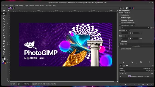 GIMP window with PhotoGIMP applied, showing a single-column toolbox on the left, Rectangle Select tool options and the Layers panel on the right, and the purple PhotoGIMP by Diolinux splash artwork open on the canvas