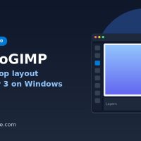 PhotoGIMP cover graphic: Photoshop-style panel layout for GIMP 3 on Windows, free GPL-3.0