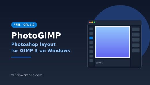 PhotoGIMP cover graphic: Photoshop-style panel layout for GIMP 3 on Windows, free GPL-3.0