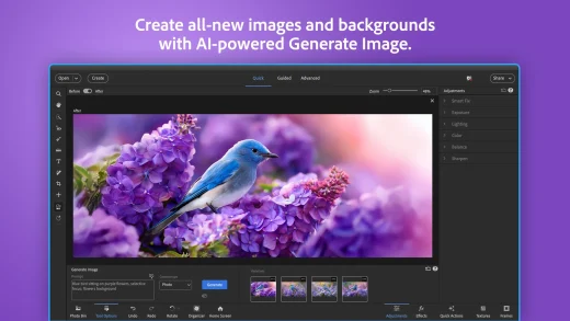 Photoshop Elements Quick mode with the Generate Image panel, a prompt for a blue bird on purple flowers and four generated variations