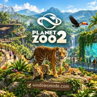 A tiger and two cubs stand on a mossy rock under the Planet Zoo 2 logo, with a toucan in flight, a jungle aviary and an aquarium full of guests behind them