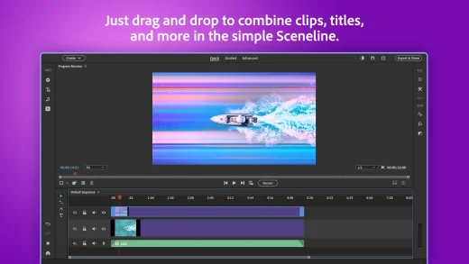 Premiere Elements in Quick mode with a speedboat clip in the Program Monitor and video, title and music tracks lined up in the Sceneline below