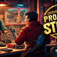 A pixel-art shopkeeper in goggles haggles over a robotic hand with a customer in a red jacket at a cyberpunk pawnshop counter, beside the Probably Stolen logo