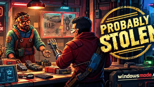 A pixel-art shopkeeper in goggles haggles over a robotic hand with a customer in a red jacket at a cyberpunk pawnshop counter, beside the Probably Stolen logo