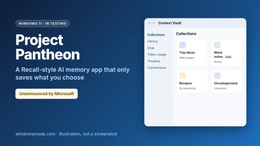 Project Pantheon cover illustration showing a mock Context Vault window with collections, labeled as an unannounced Windows 11 test