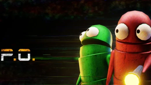 Three round robots in green, red and blue with big googly eyes peer out of the dark, the red one holding a flashlight, beside the R.E.P.O. logo