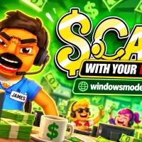 A cartoon call center worker in a headset and a blue shirt with a JAMES name tag pumps his fist at his desk beside stacks of cash, with three cheering coworkers behind him and the Scam With Your Friends logo