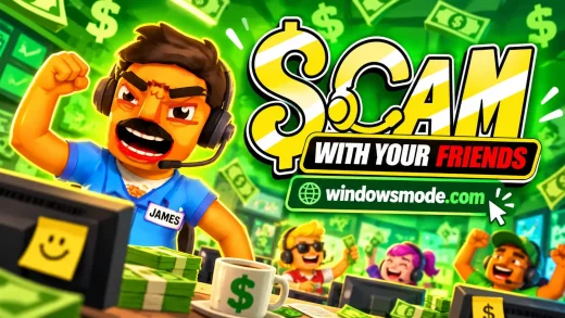 A cartoon call center worker in a headset and a blue shirt with a JAMES name tag pumps his fist at his desk beside stacks of cash, with three cheering coworkers behind him and the Scam With Your Friends logo
